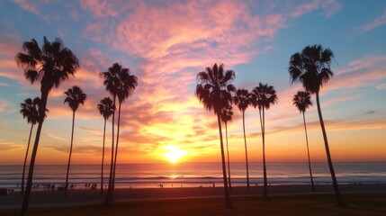 Dramatic sunset over a beach with palm trees