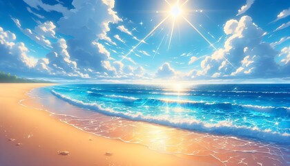 Tranquil anime beach with golden sands and sparkling blue water under clear sky