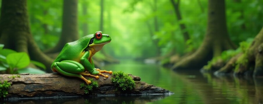 green frog sitting on a log in the forest , log, wildlife, tree - Powered by Adobe