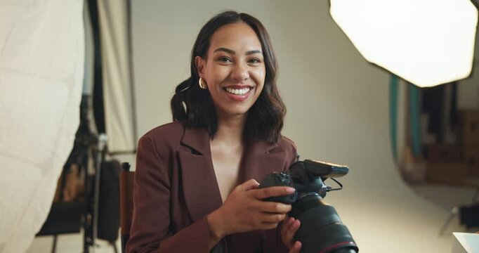 Woman, photographer and face with camera in studio for photoshoot results, catalog or selection. Person, tech or backstage with lens focus, review picture and film production for photography industry