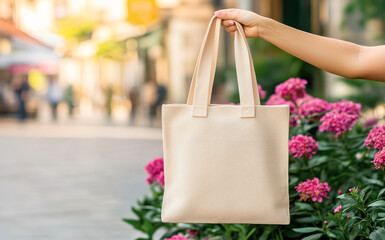 Female hand hold light beige tote bag mockup near bloom bush with pink spring or summer flower against a blurred street background. Eco-friendly shopper with space for text or design.