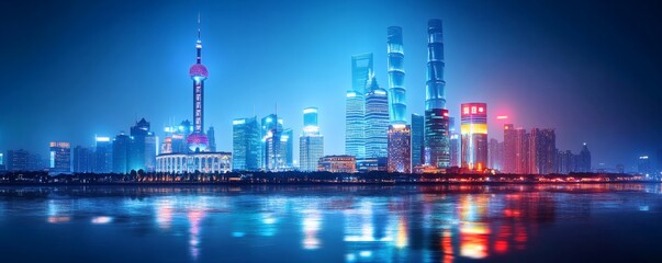 A modern city skyline illuminated at night reflected on water