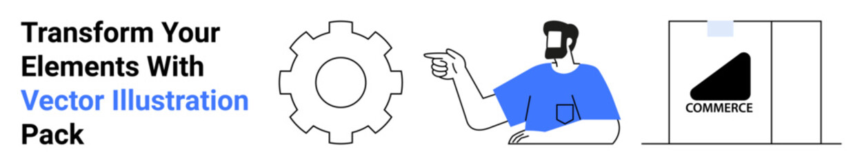 Gear shape, pointing male figure, e-commerce box suggesting innovation, guidance, and digital commerce. Ideal for teamwork, technology, guidance, marketing e-commerce innovation flat landing page