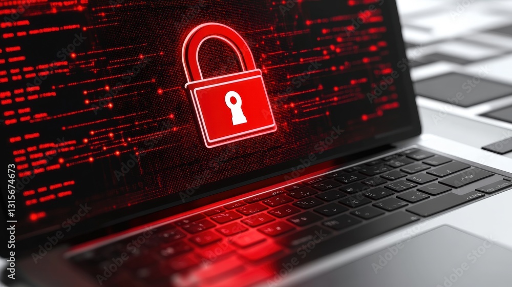 Poster a ransomware attack notification on a laptop screen, red lock icon and warning text indicating a dat