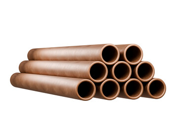 3d Realistic Copper pipes stack, round straight aluminum, hollow cylinder steel metal or pvc plumbing, glossy bronze tube set. Industrial pieces, iron for conducting on white background. 3d render.