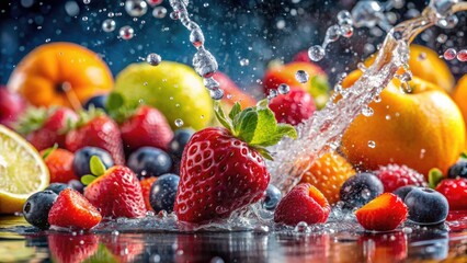 Juicy Fruit Shower: Delicious Food Photography Water Stream Splash