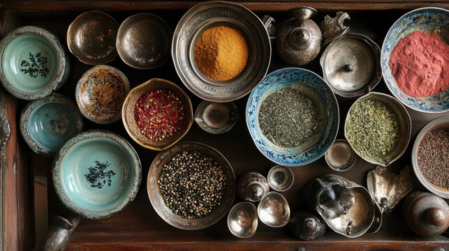 Variety of colorful spices and herbs in small rustic metal and ceramic bowls top view - Powered by Adobe