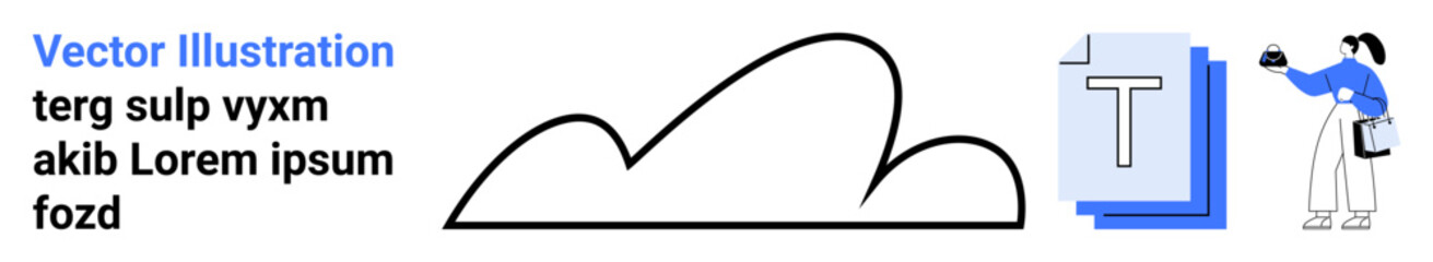 Cloud outline beside layered documents and person holding a paintbrush. Ideal for creativity, cloud computing, content editing, technology, online tools, education, file sharing, flat landing page