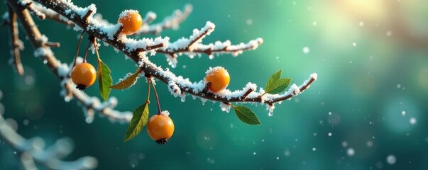 Icy branches with golden berries and leaves hanging from a frosty green background, leaves, berries, icy