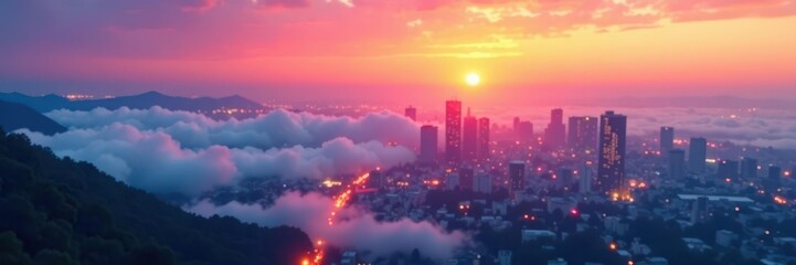 Fototapeta premium Misty morning, vibrant hues paint the cityscape, aerial, october, light