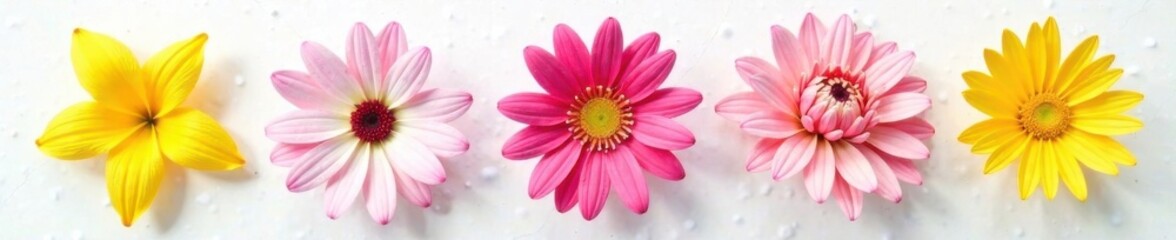 Individual flowers placed on a white surface with different shapes and colors, still life, greenery, flowers