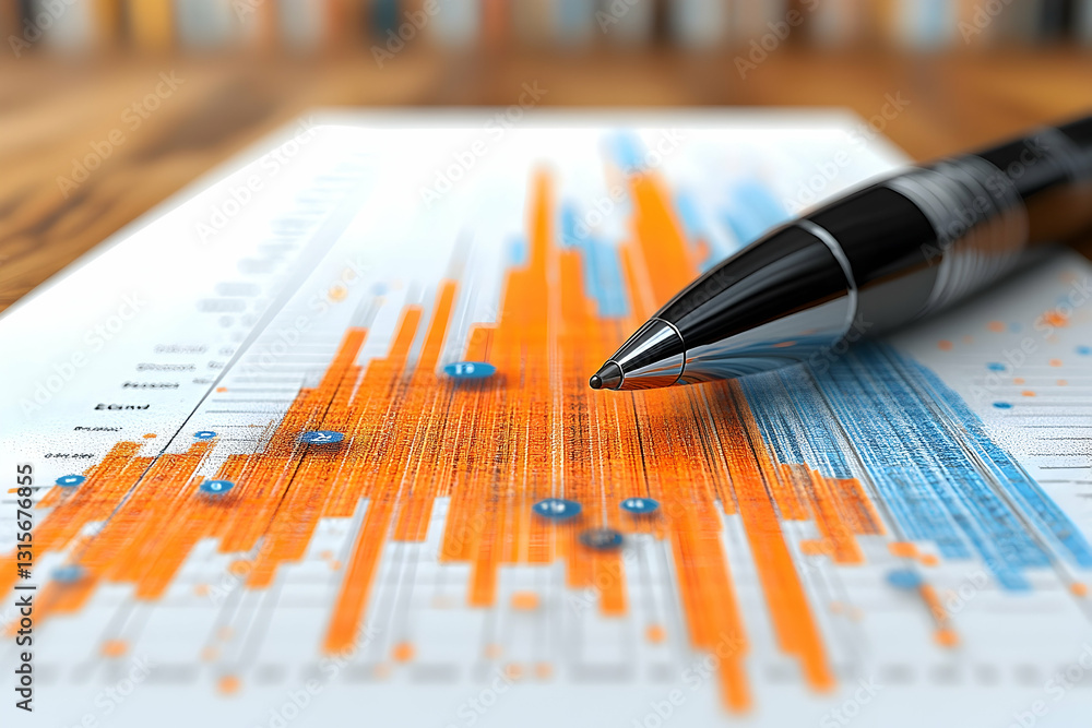 Aufkleber close-up of a pen resting on a bar chart document, showcasing data analysis