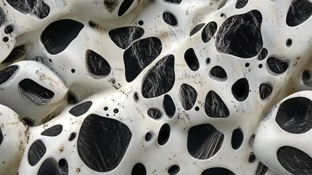 Close-up view of a porous, abstract surface resembling a sponge or Dalmatian Jasper cheese with irregular black holes and white texture.