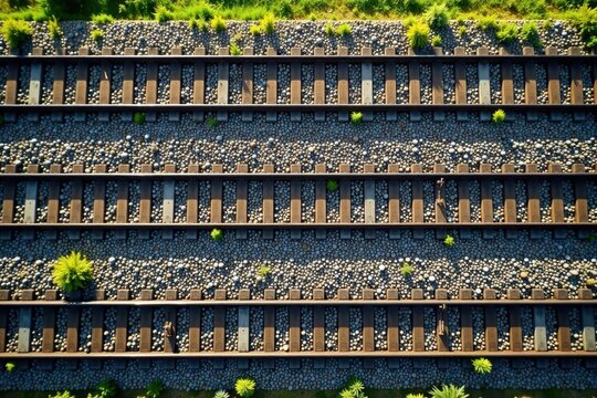 Overhead view, parallel railway lines, gravel ballast, ground, background, geometry