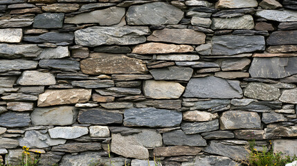 Fototapeta premium Rustic stacked stone wall with varying shades of gray and beige UHD 4K Image