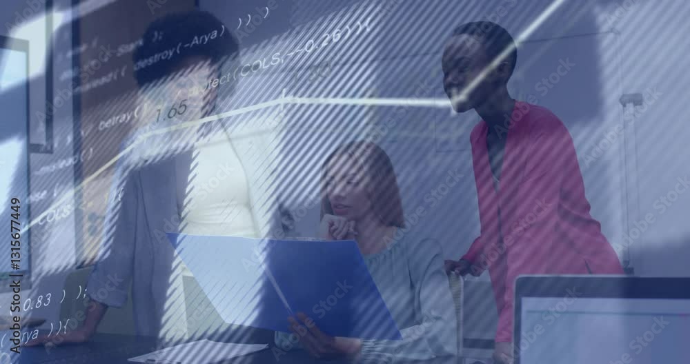 Poster reviewing documents, business team with coding animation overlay in office setting