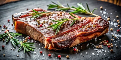Macro Photography: Juicy Medium-Rare T-Bone Steak, Rosemary, Salt, Slate Plate - Gourmet Food Photo