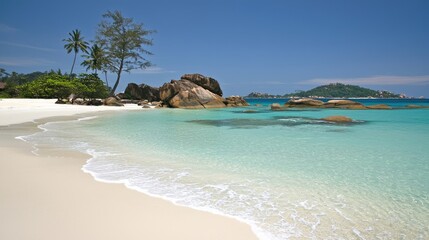 Fototapeta premium Tropical Beach with Crystal Clear Water and Soft White Sand Under Bright Sunlight on a Summer Day
