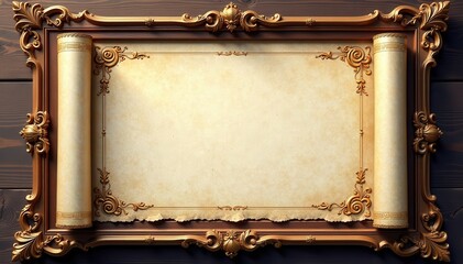 Intricate wooden frame surrounds a delicate scroll with gold accents and ornate patterns , ornate, gold, scroll