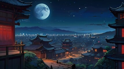 Naklejka premium ゲーム背景 中華ファンタジー歴史都市を見下ろす俯瞰風景 