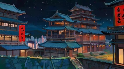 ゲーム背景　中華ファンタジー歴史都市ストリートビュー夜
