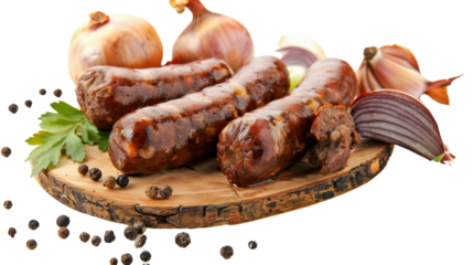 Grilled sausages with onions, garlic and herbs on wooden cutting board with transparent background