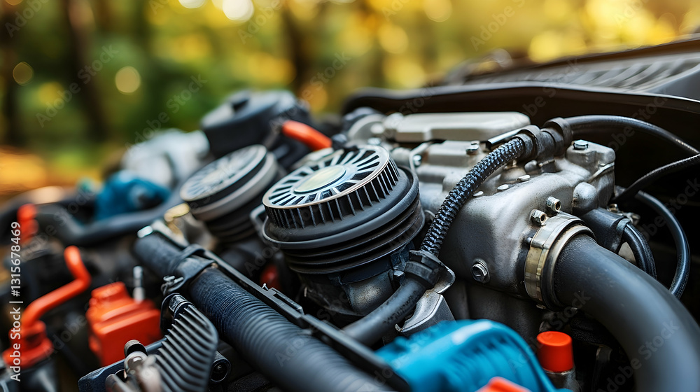 Poster close-up of a powerful engine's intricate components, showcasing its complex mechanics and design