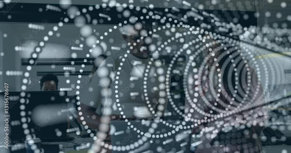 Poster abstract circular patterns animation over people working in modern office
