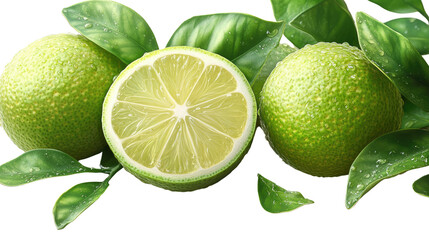 Fresh limes and lemons with juicy slices showing vibrant green and yellow colors, isolated on white background, highlighting their healthy, sour, and organic qualities