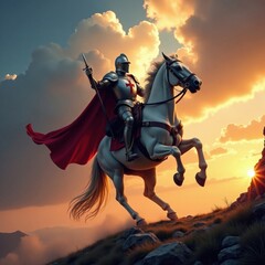 Knight on horseback charging at a dragon , horse, medieval, fire