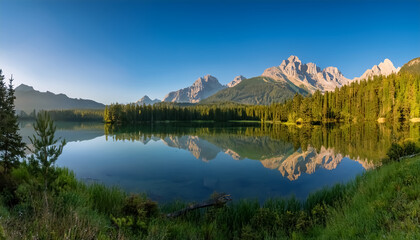 Fototapeta premium Scenic Mountain Lake with Forest and Majestic Peak Reflections
