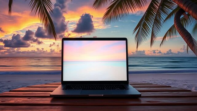 Laptop on Wooden Pier Overlooking Tropical Beach at Sunset with Vivid Sky and Ocean View with Palm Trees Creating Relaxing Remote Work Ambiance