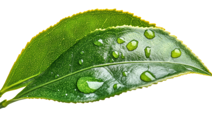 Fresh green leaves glisten with water drops, a macro view of nature's clean dew