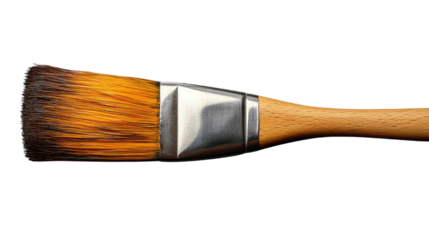 Isolated paintbrush with wooden handle and metal ferrule on white background
