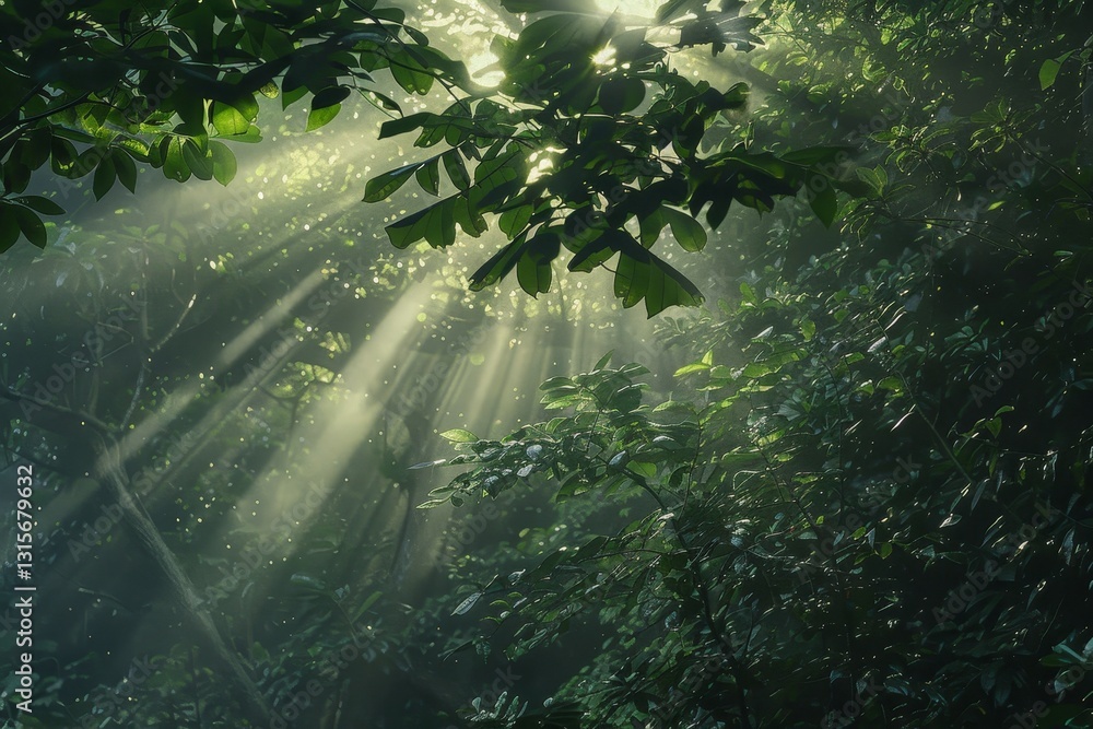 Poster sunlight streams through the leaves of a dense rainforest canopy, creating a mesmerizing pattern of 