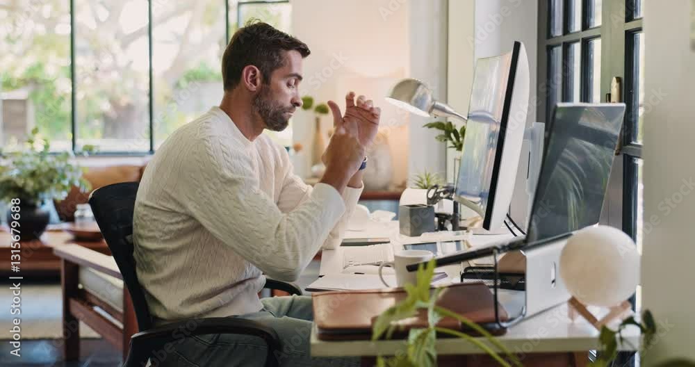 Poster computer, thinking and typing with man in home office for remote work or startup business. administr