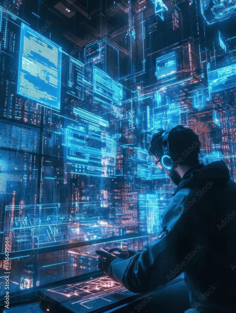 Poster engineer creates a futuristic device while immersed in a digital workspace filled with holographic d
