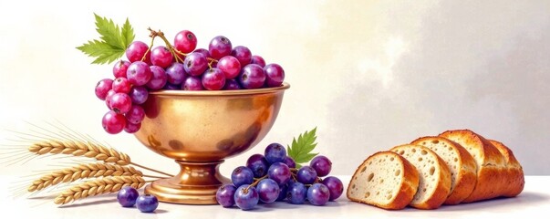Soft watercolor depiction of wine bowl with grapes and wheat, alongside loaf of bread, holy communion, sacred ritual