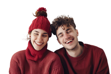 a couple of real lovers, happy and smiling, in light red and dark red clothes, on a white background