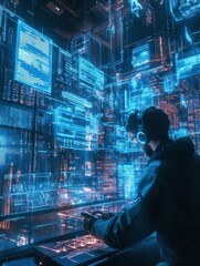 Fototapeta premium Engineer creates a futuristic device while immersed in a digital workspace filled with holographic data. Generative AI