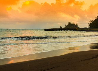 Historic Hana Wharf and Pu'Uka Islet on Hana Bay,Hana, Maui, Hawaii, USA