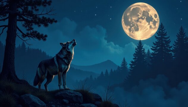 Lone howling wolf standing in the forest under full moon, nature, solitary, night