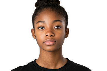 a front view image of a 18 year old african american female, on a white background