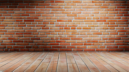 Classic red brick wall with a wooden floor and warm lighting creating a vintage interior UHD 4K Image