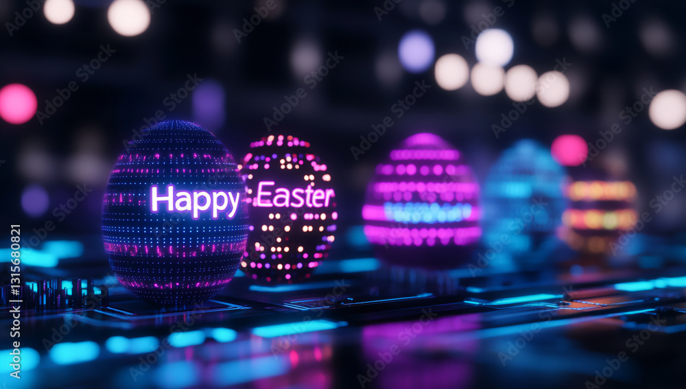 Poster 3d rendering of digital easter eggs with happy easter text on a circuit bo
