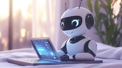 A cute robot working on a laptop in a cozy setting with soft lighting.