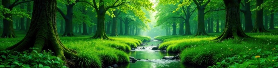 Obraz premium Lush green forest with tall trees and winding stream, calm, outdoor landscape, peaceful