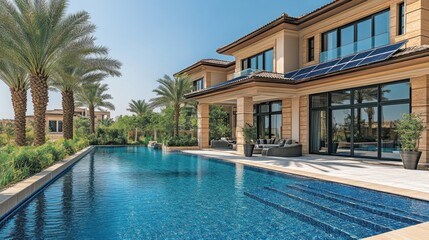 Fototapeta premium Luxurious pool villa, desert landscape, solar panels, backyard oasis