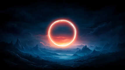 Obraz premium dark and mysterious landscape features glowing circular light in sky, surrounded by dramatic mountains and serene valley. scene evokes sense of wonder and intrigue