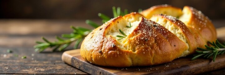Fragrant Italian focaccia bread with rosemary and garlic on a rustic wooden table , wood, rustic